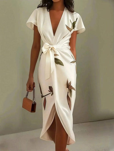 Mirea – V-Neck Urban Leaf Midi Dress