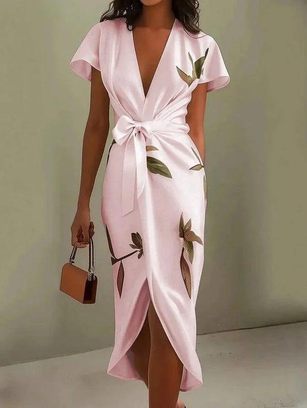 Mirea – V-Neck Urban Leaf Midi Dress