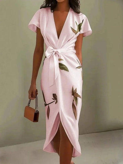 Mirea – V-Neck Urban Leaf Midi Dress