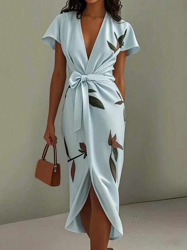 Mirea – V-Neck Urban Leaf Midi Dress
