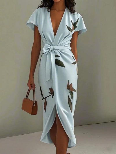 Mirea – V-Neck Urban Leaf Midi Dress