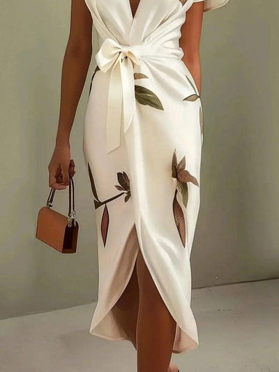 Mirea – V-Neck Urban Leaf Midi Dress