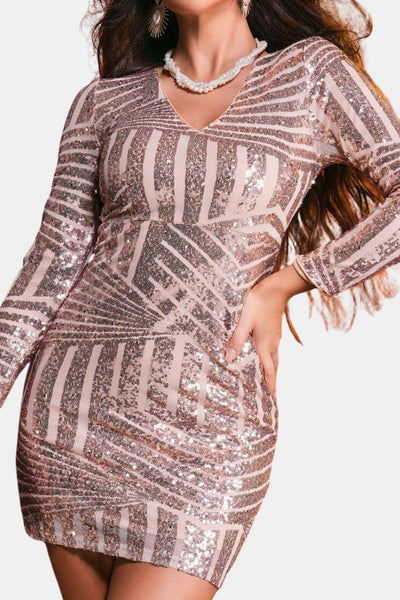 Lorraine – Black Sequin V-neck Long Sleeve Bodycon Dress