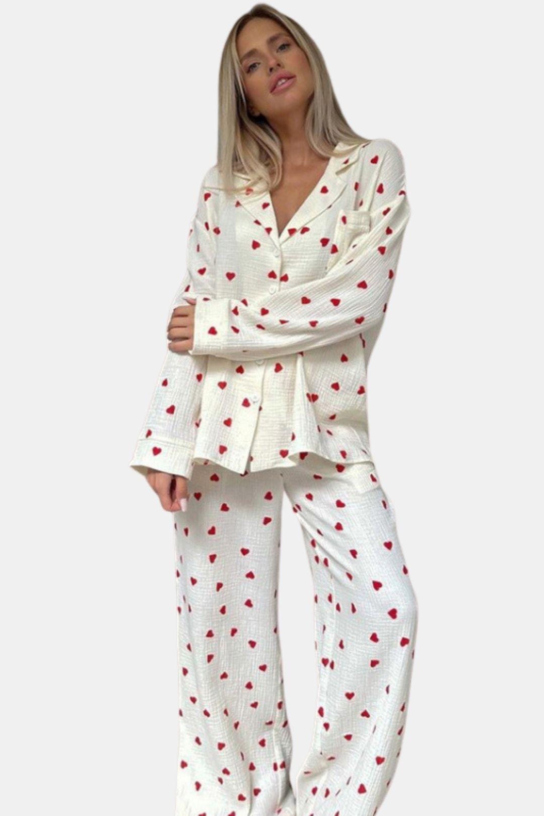 Lucia - Heart Print Button Down Pyjama Set