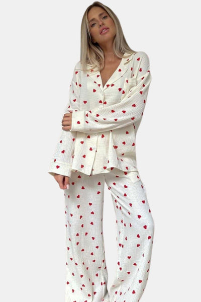 Lucia - Heart Print Button Down Pyjama Set