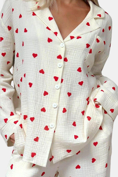 Lucia - Heart Print Button Down Pyjama Set