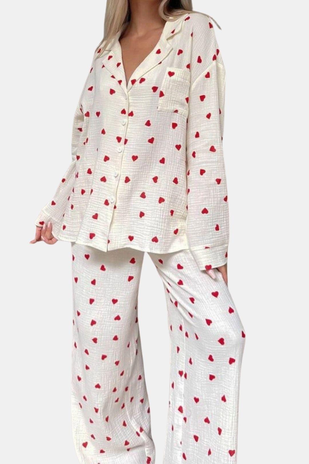 Lucia - Heart Print Button Down Pyjama Set
