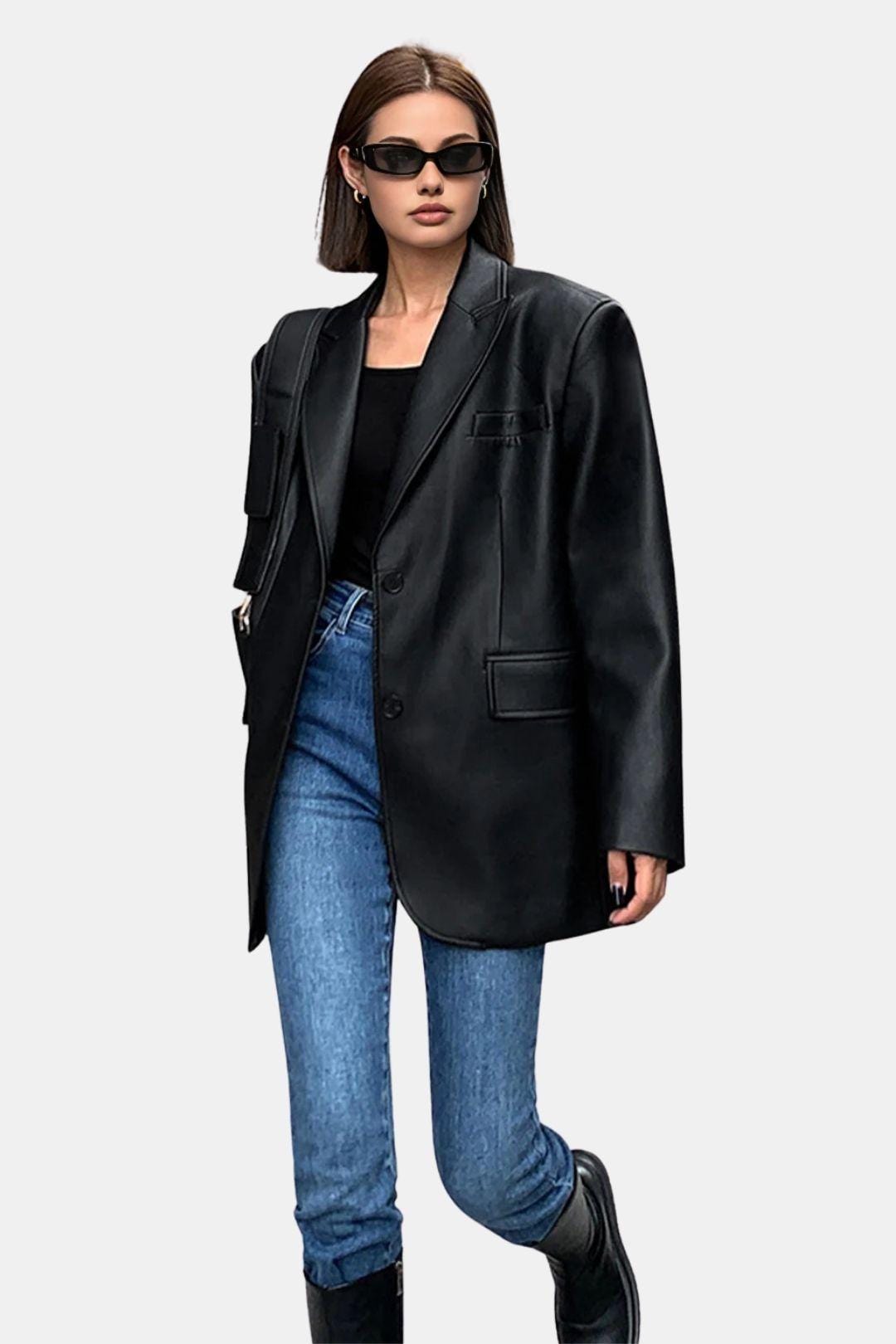 Luna – Faux Leather Lapel Blazer with Pockets