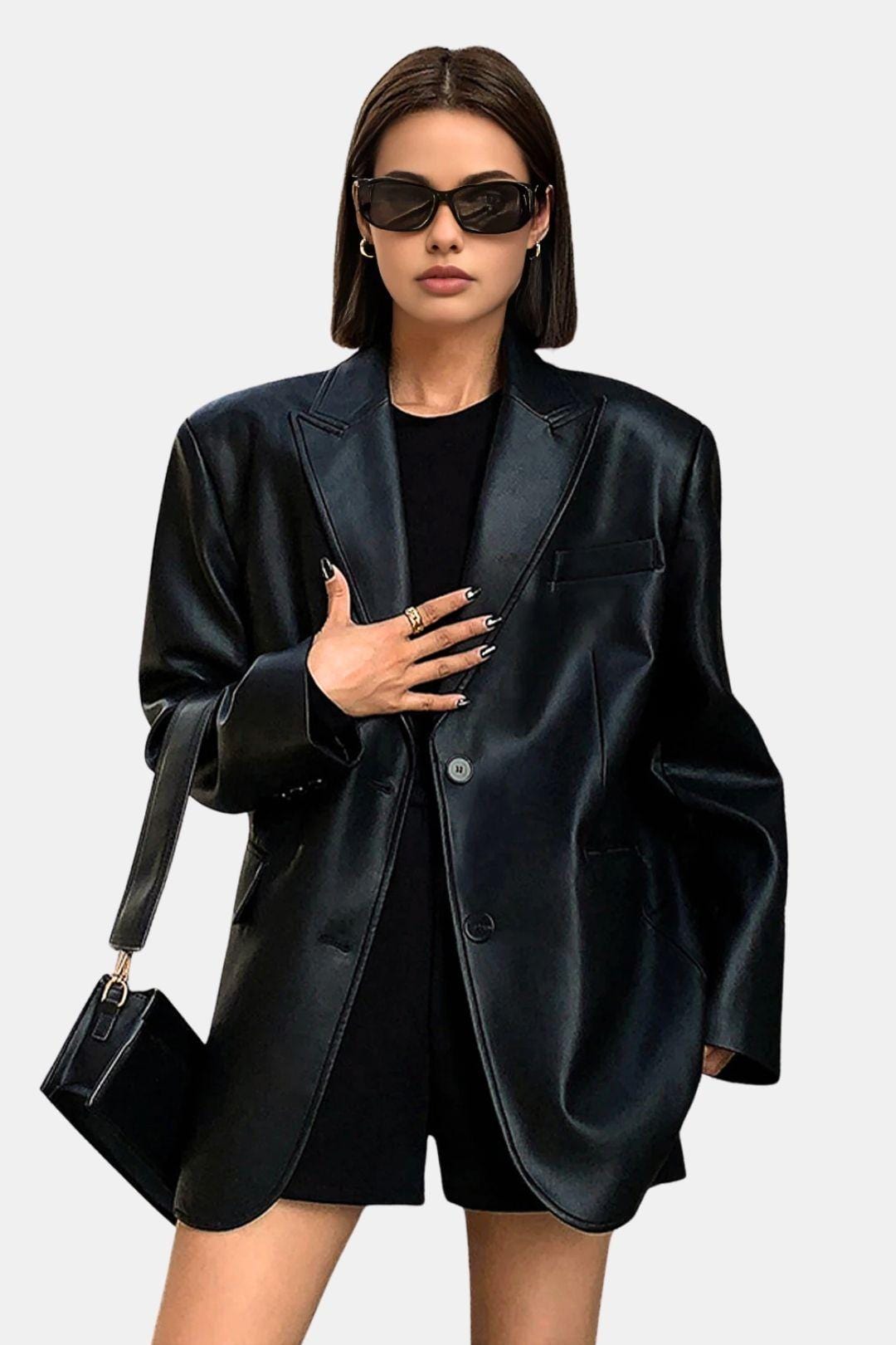 Luna – Faux Leather Lapel Blazer with Pockets