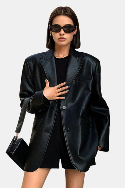 Luna – Faux Leather Lapel Blazer with Pockets