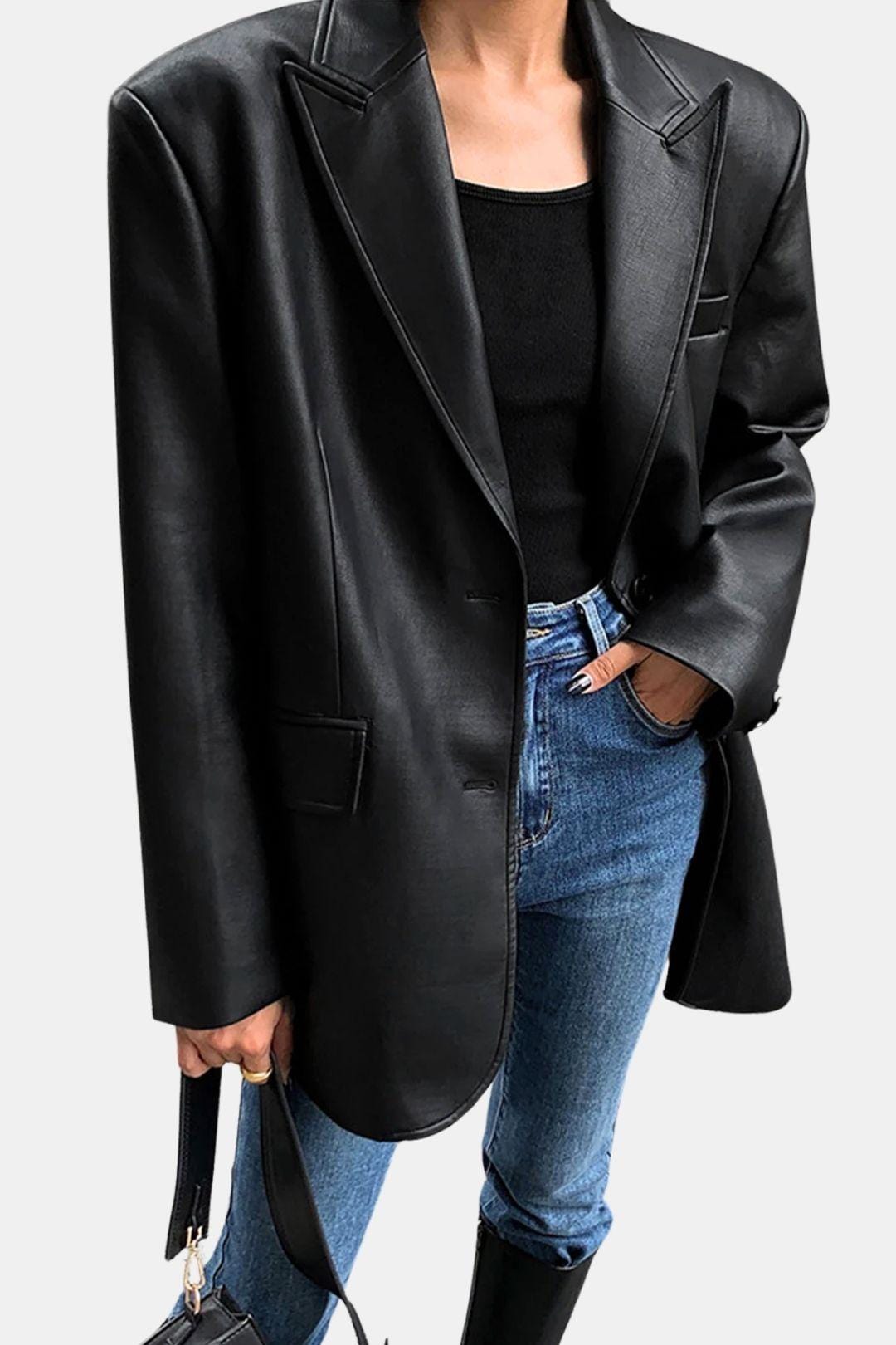 Luna – Faux Leather Lapel Blazer with Pockets