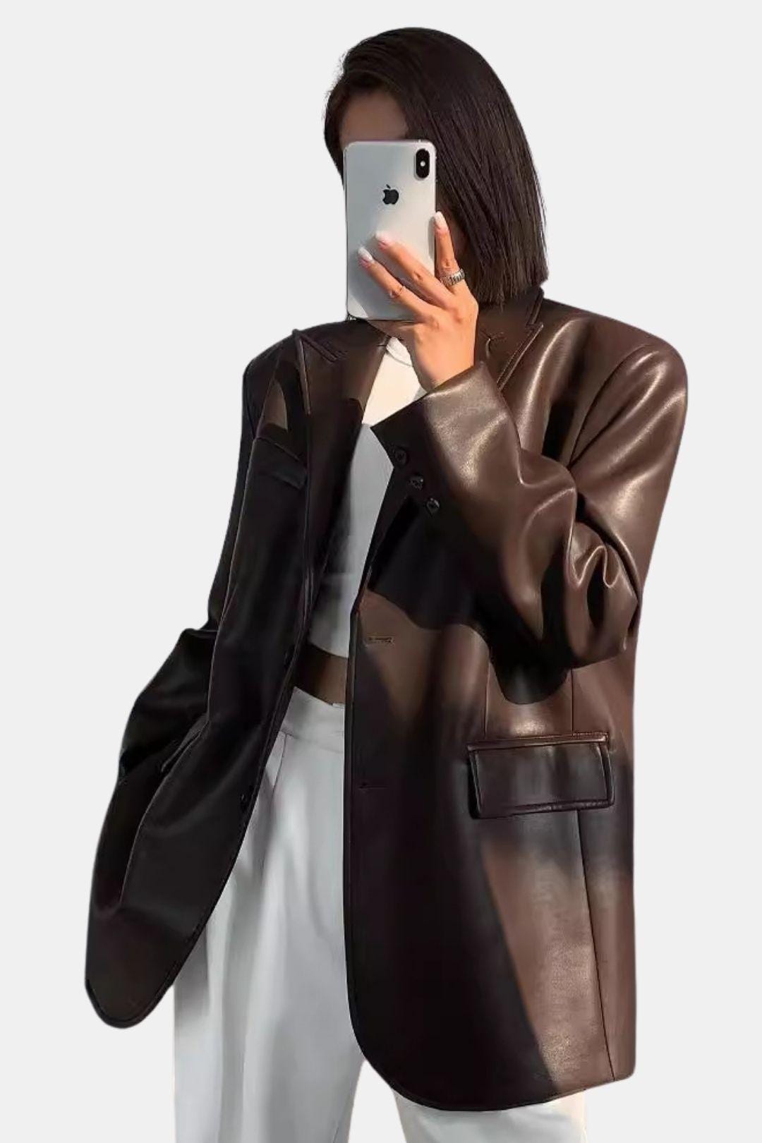 Luna – Faux Leather Lapel Blazer with Pockets