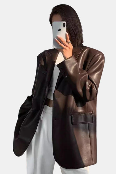 Luna – Faux Leather Lapel Blazer with Pockets