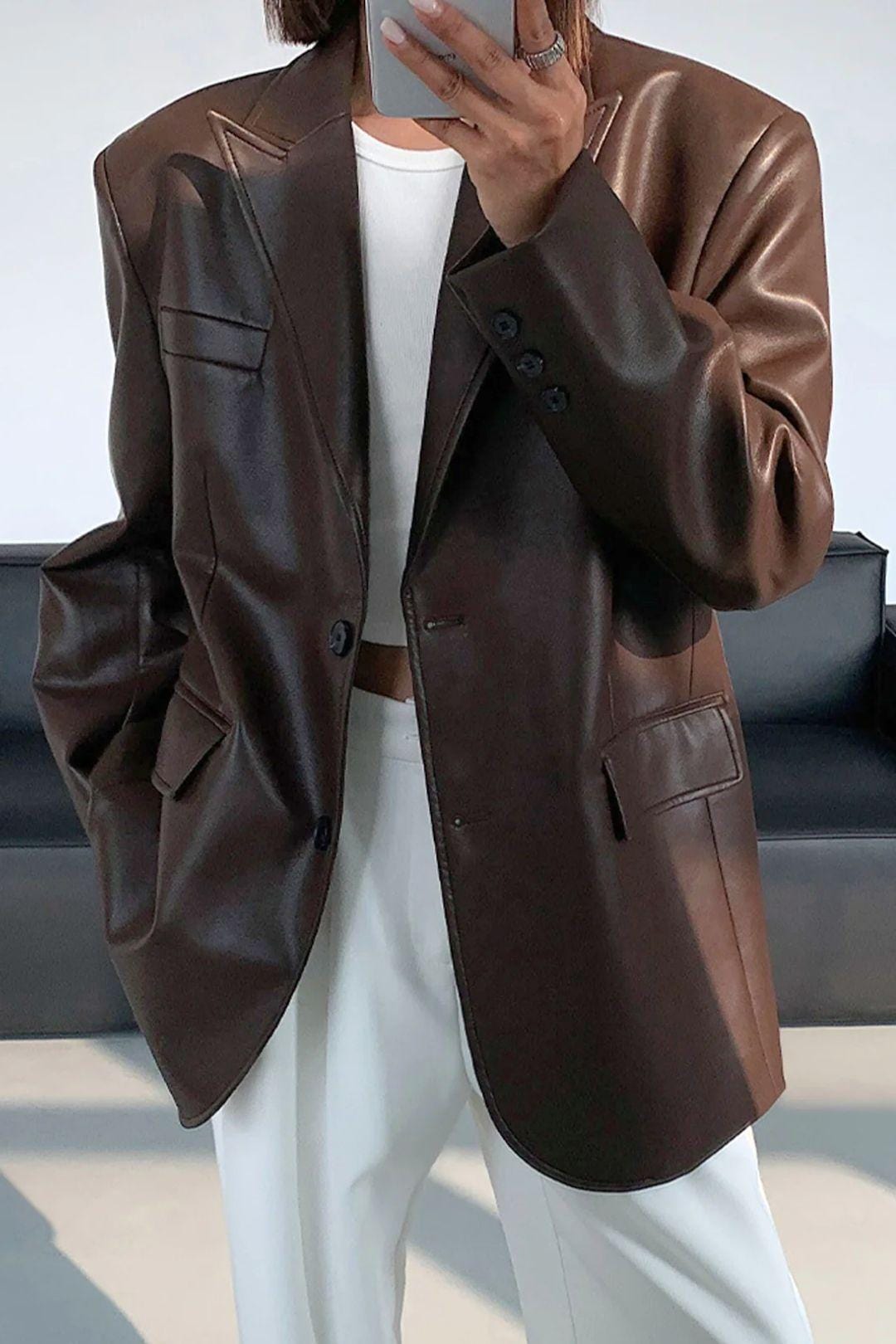 Luna – Faux Leather Lapel Blazer with Pockets