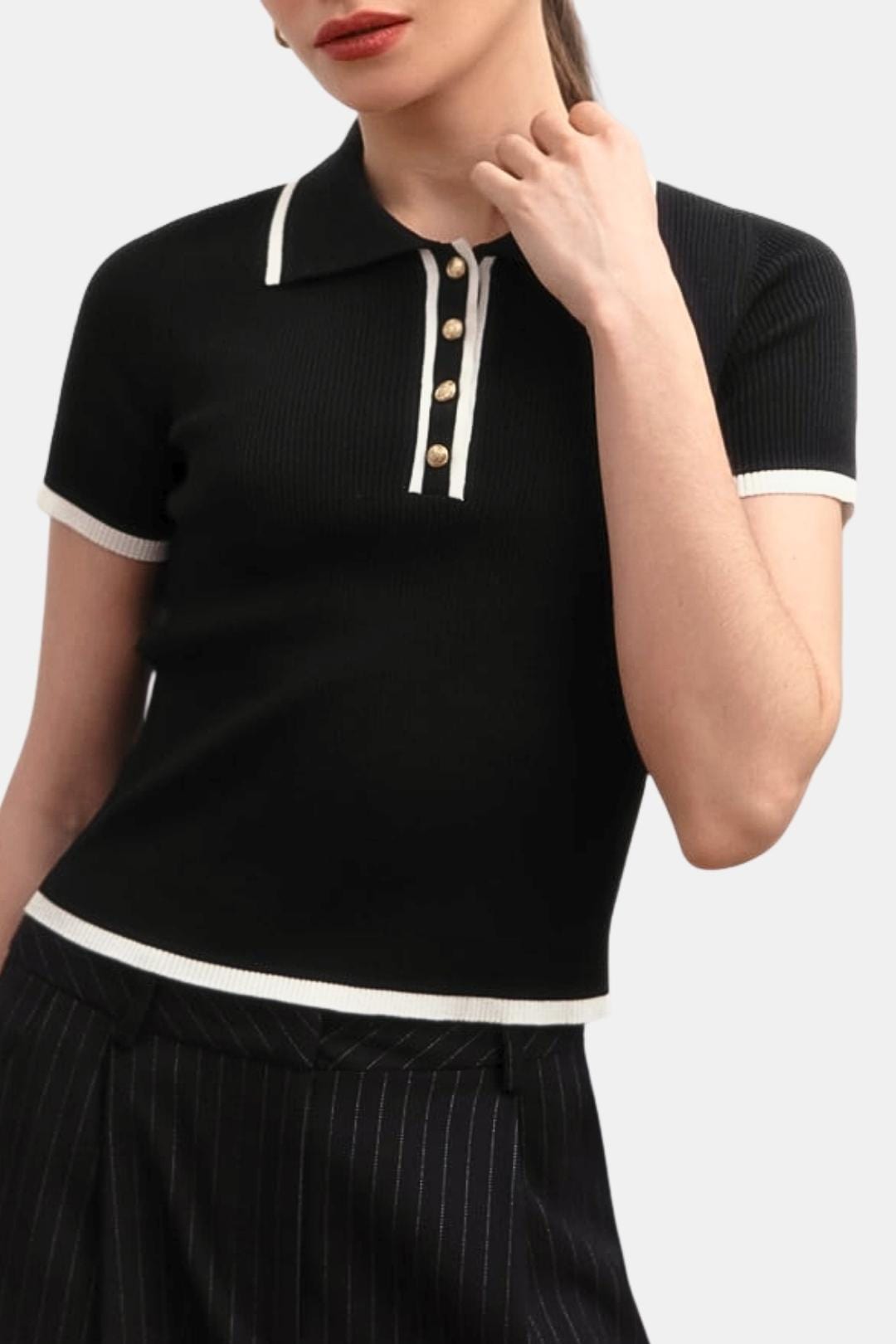 Lunara – Contrast Trim Metal Button Knit Top