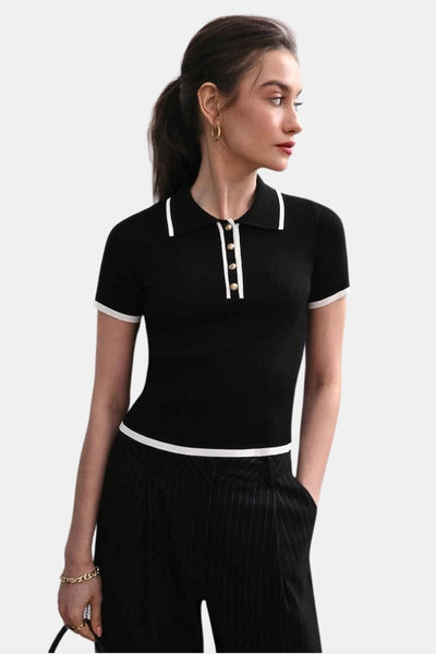 Lunara – Contrast Trim Metal Button Knit Top