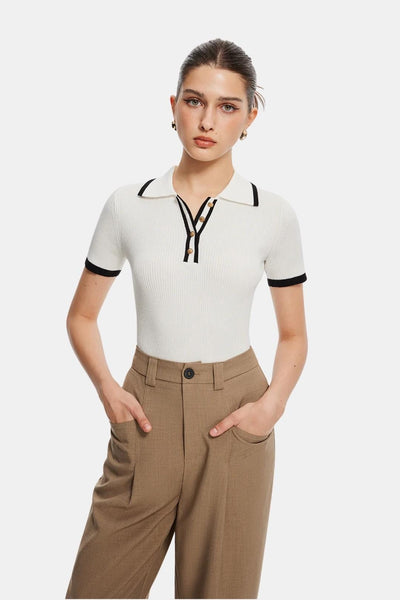 Lunara – Contrast Trim Metal Button Knit Top