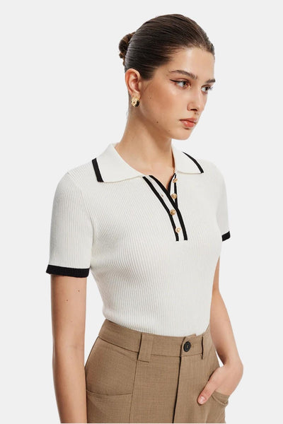 Lunara – Contrast Trim Metal Button Knit Top