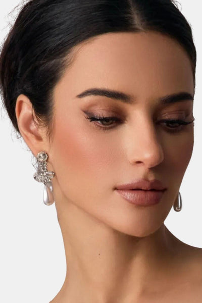 Lynell – Silver Bow Drop Pearl Earrings