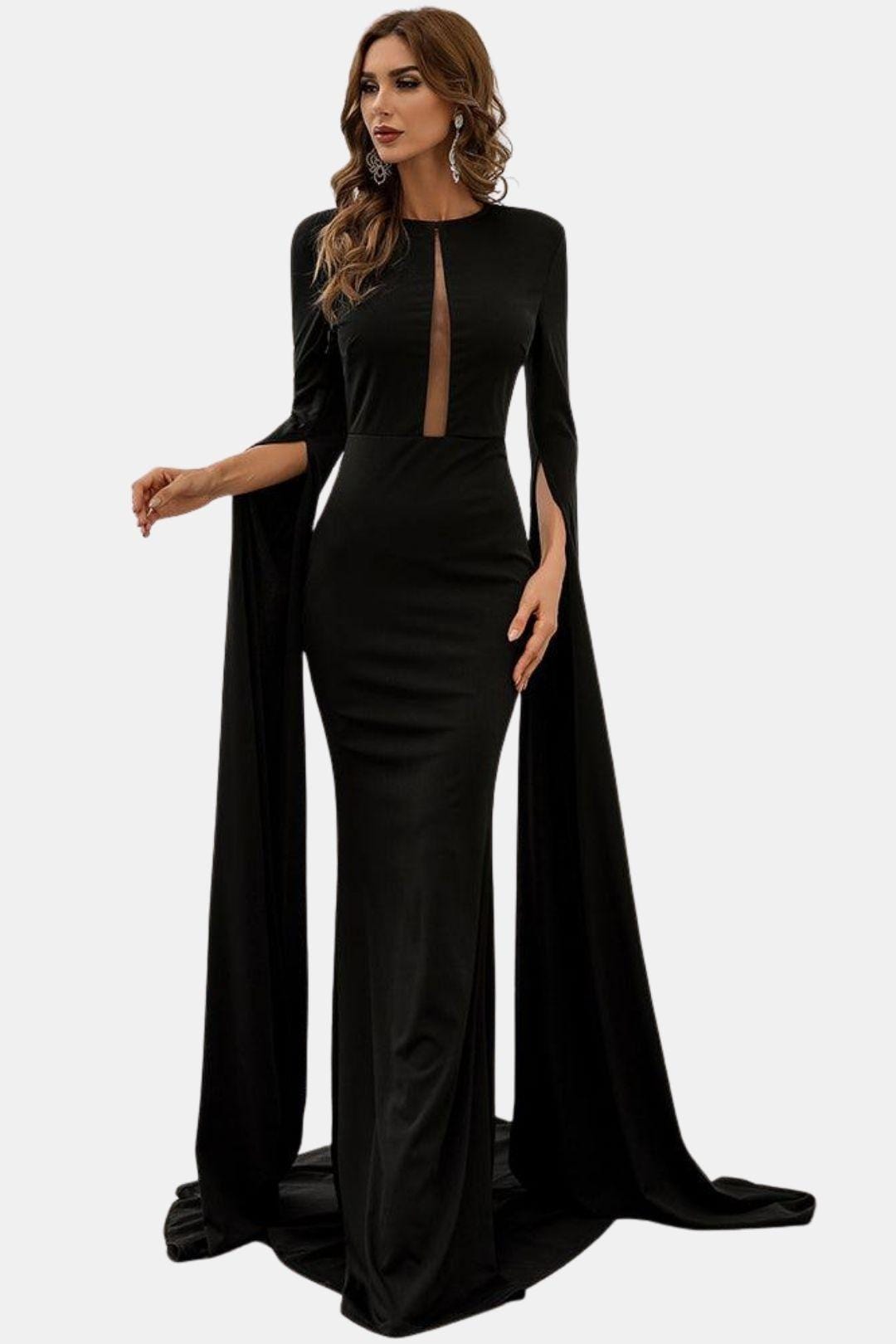 Maegann - Cape Sleeve Cutout Black Mermaid Evening Dress