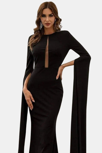 Maegann - Cape Sleeve Cutout Black Mermaid Evening Dress