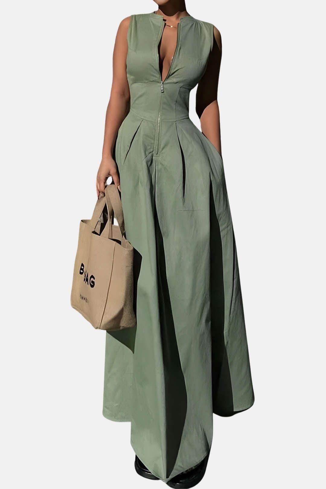 Maicha – Solid Zipper Front Sleeveless Maxi Dress