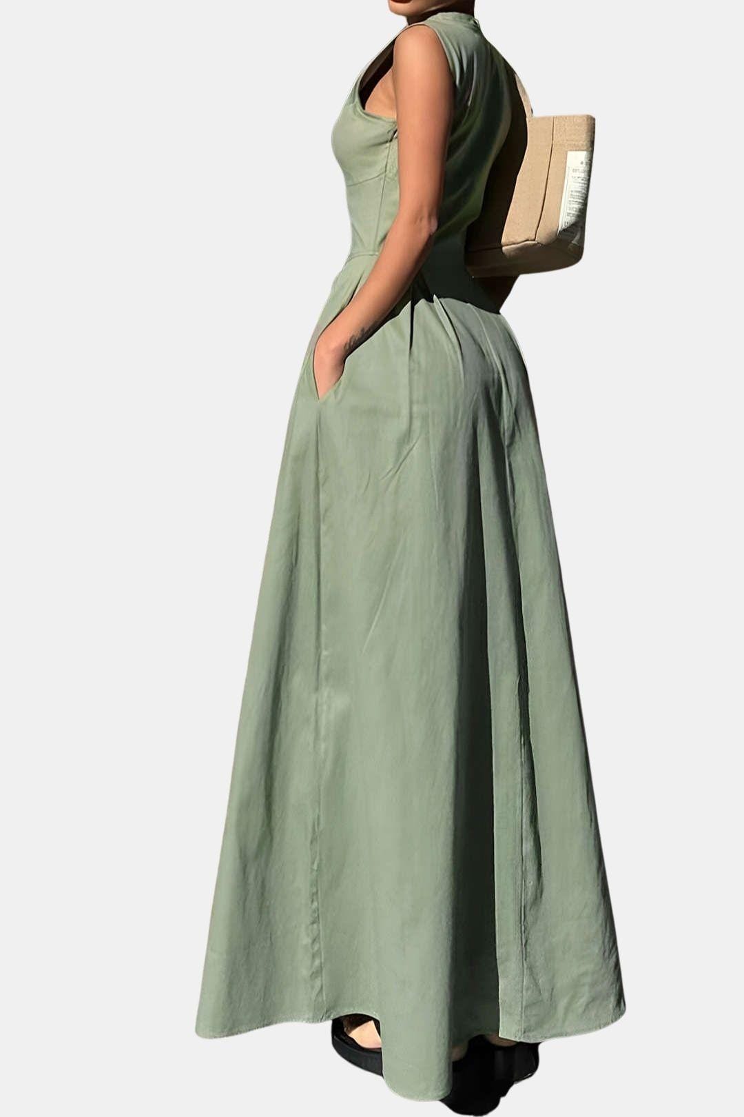 Maicha – Solid Zipper Front Sleeveless Maxi Dress