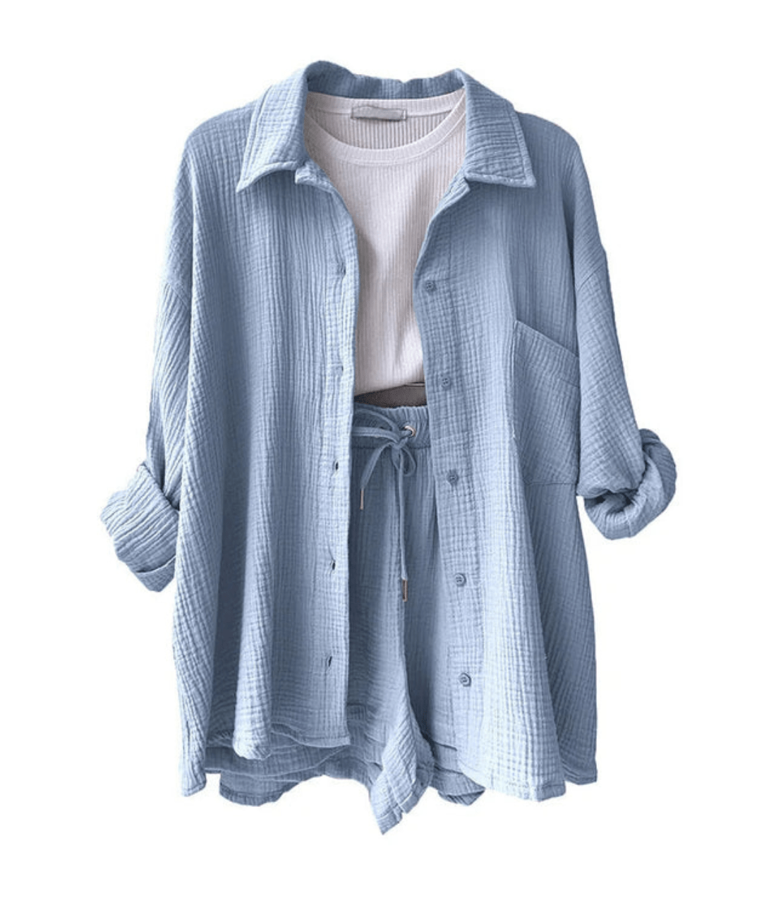 Mandorla – Long Sleeve Button-Up Blouse and Shorts Set