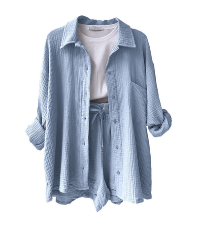 Mandorla – Long Sleeve Button-Up Blouse and Shorts Set