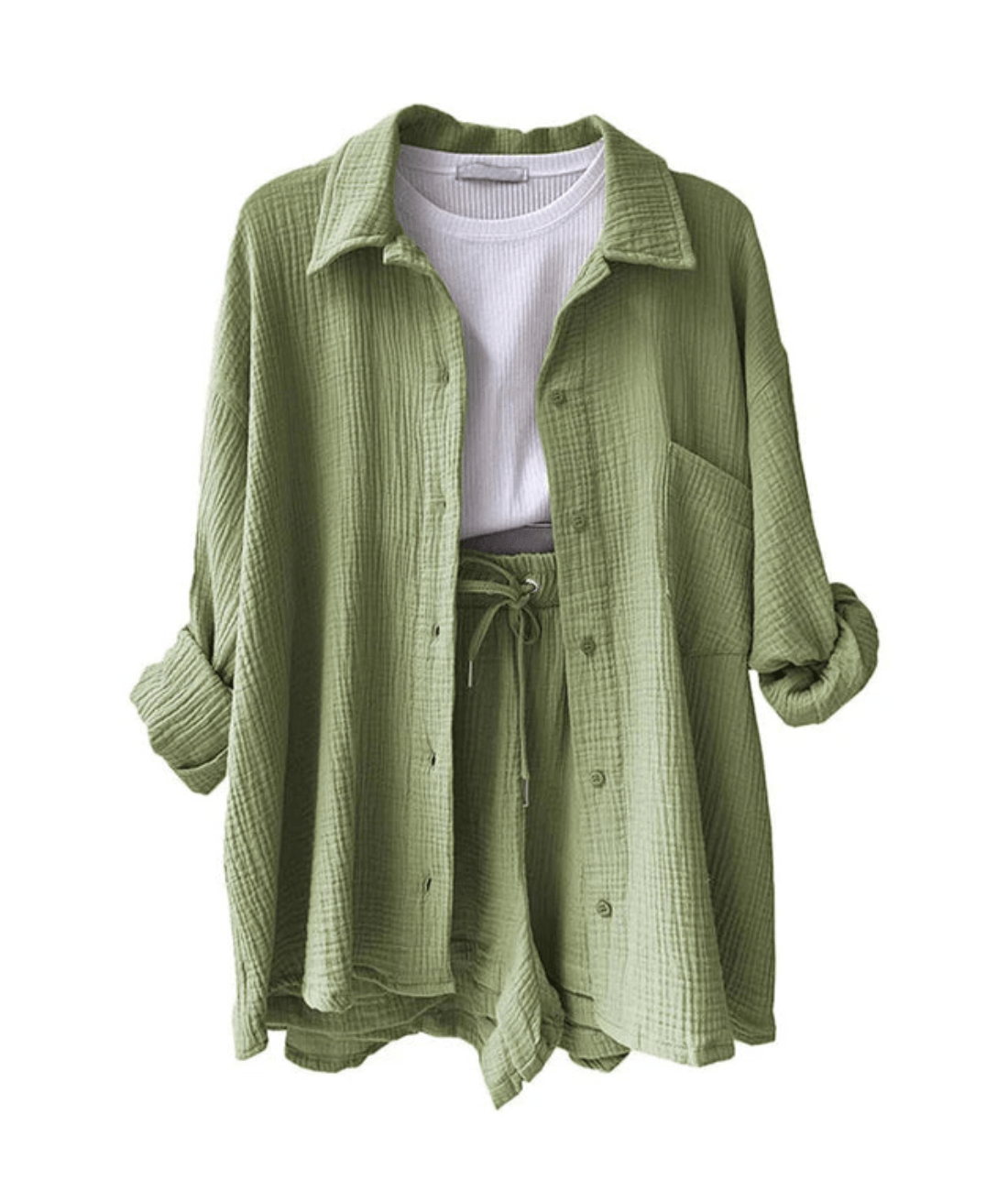 Mandorla – Long Sleeve Button-Up Blouse and Shorts Set