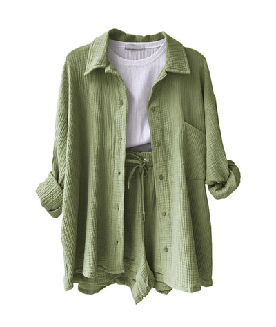 Mandorla – Long Sleeve Button-Up Blouse and Shorts Set