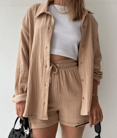 Mandorla – Long Sleeve Button-Up Blouse and Shorts Set