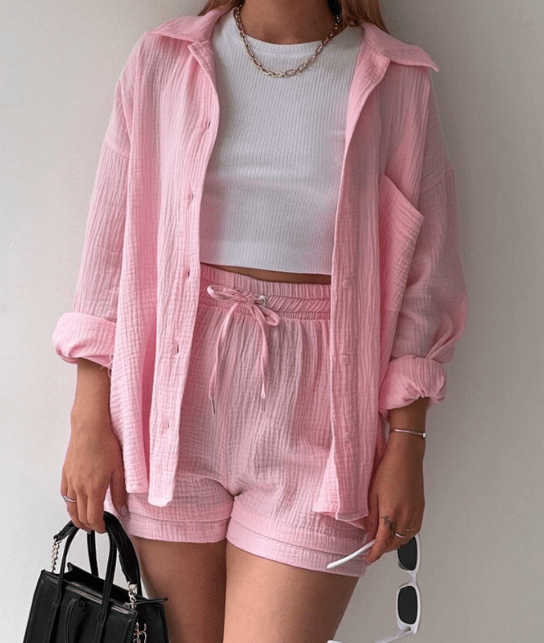 Mandorla – Long Sleeve Button-Up Blouse and Shorts Set