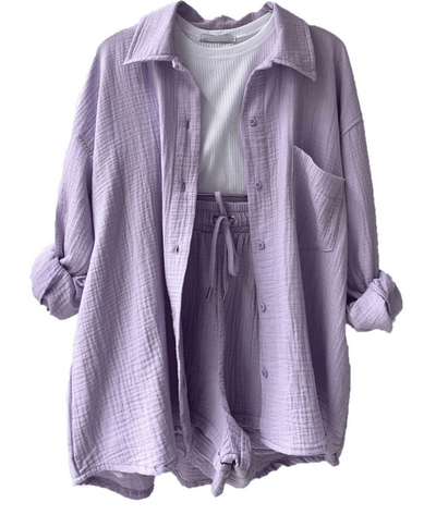 Mandorla – Long Sleeve Button-Up Blouse and Shorts Set