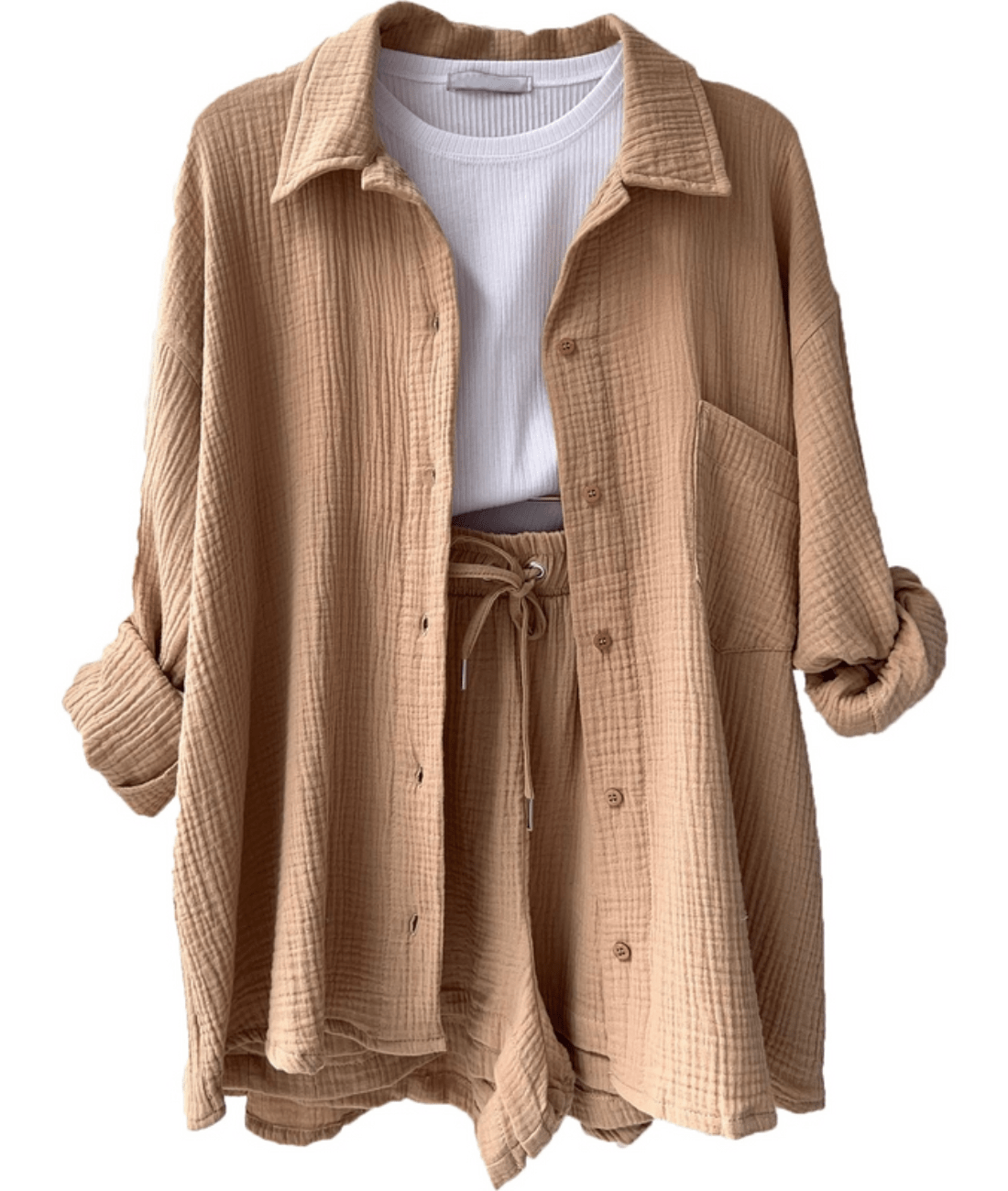 Mandorla – Long Sleeve Button-Up Blouse and Shorts Set