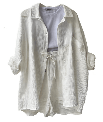 Mandorla – Long Sleeve Button-Up Blouse and Shorts Set