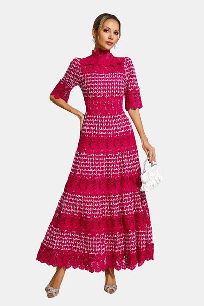 Maravina - Embroidered Lace Short Sleeve Midi Cocktail Dress