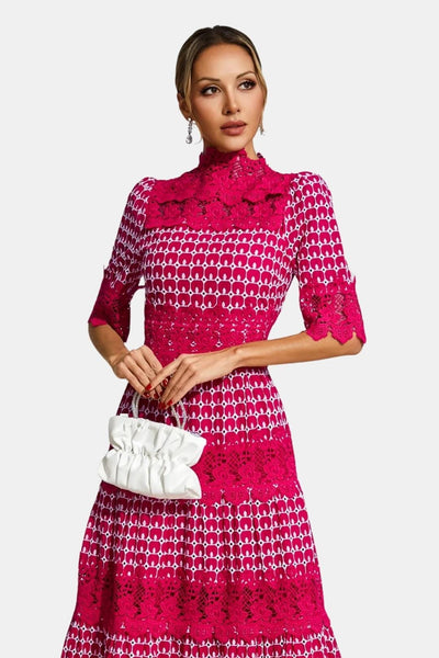 Maravina - Embroidered Lace Short Sleeve Midi Cocktail Dress