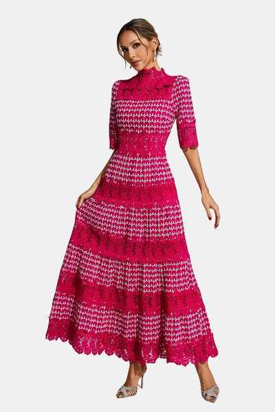 Maravina - Embroidered Lace Short Sleeve Midi Cocktail Dress