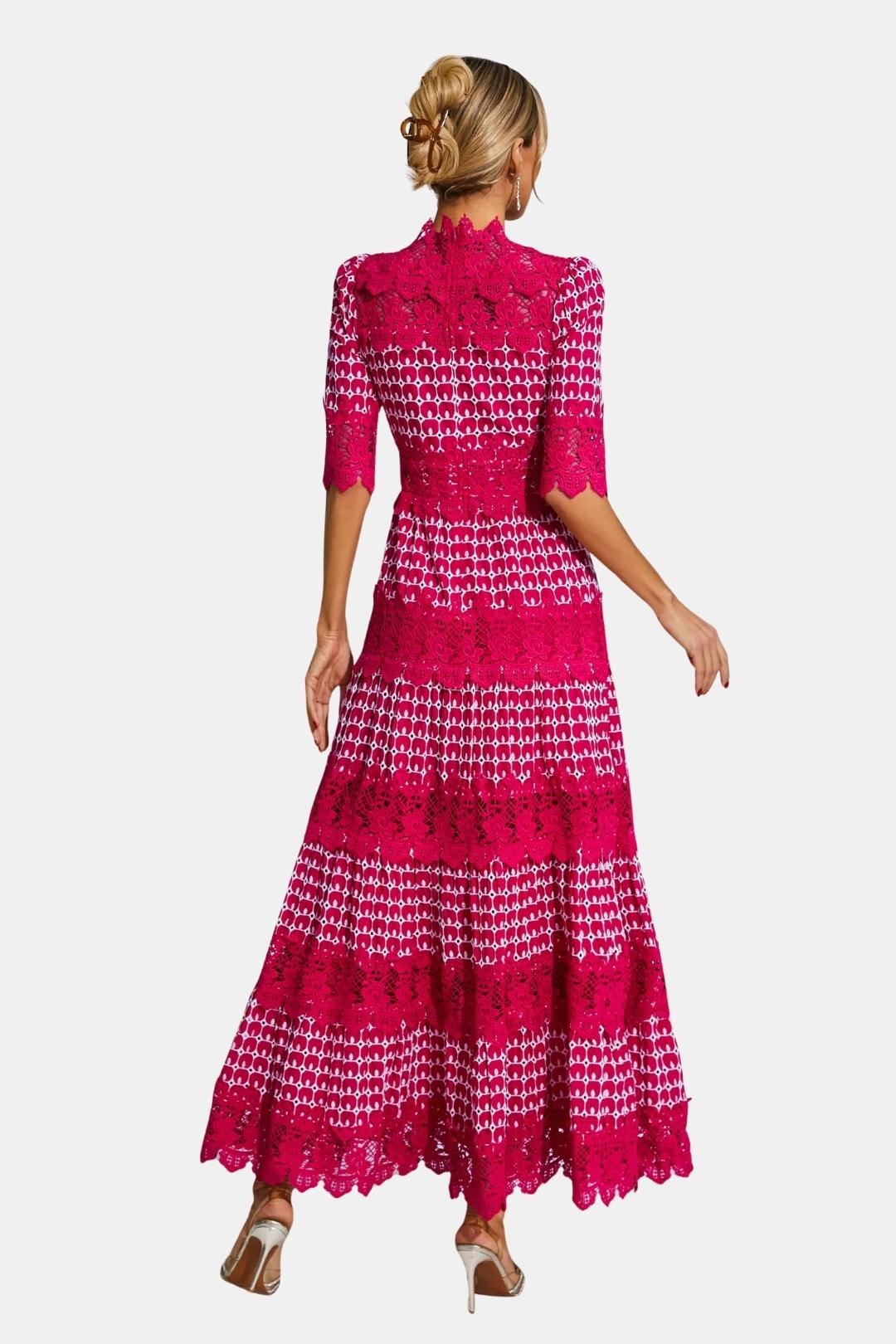 Maravina - Embroidered Lace Short Sleeve Midi Cocktail Dress