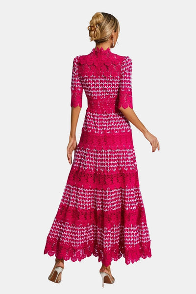 Maravina - Embroidered Lace Short Sleeve Midi Cocktail Dress