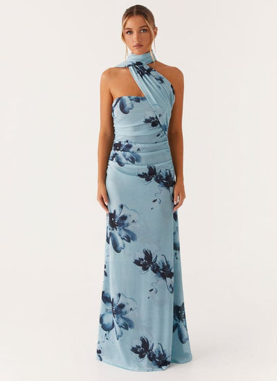 Leandra - Floral Sleeveless Maxi Dress in Blue-Black