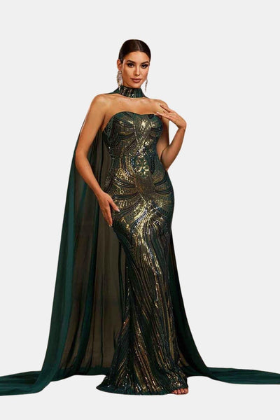 Marina - Sequin Cape Mermaid Evening Dress