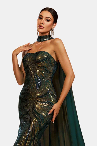 Marina - Sequin Cape Mermaid Evening Dress