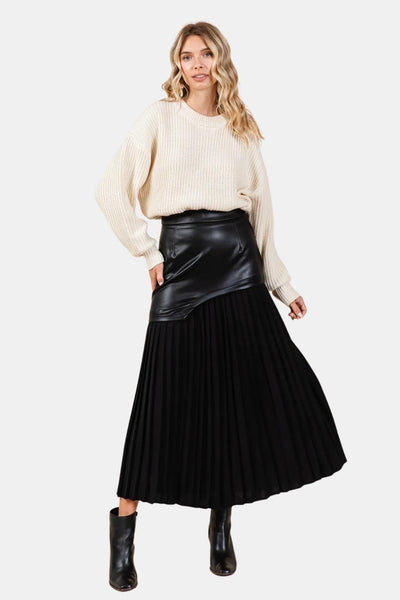 Maris – Asymmetric Faux Leather & Chiffon Pleated Maxi Skirt