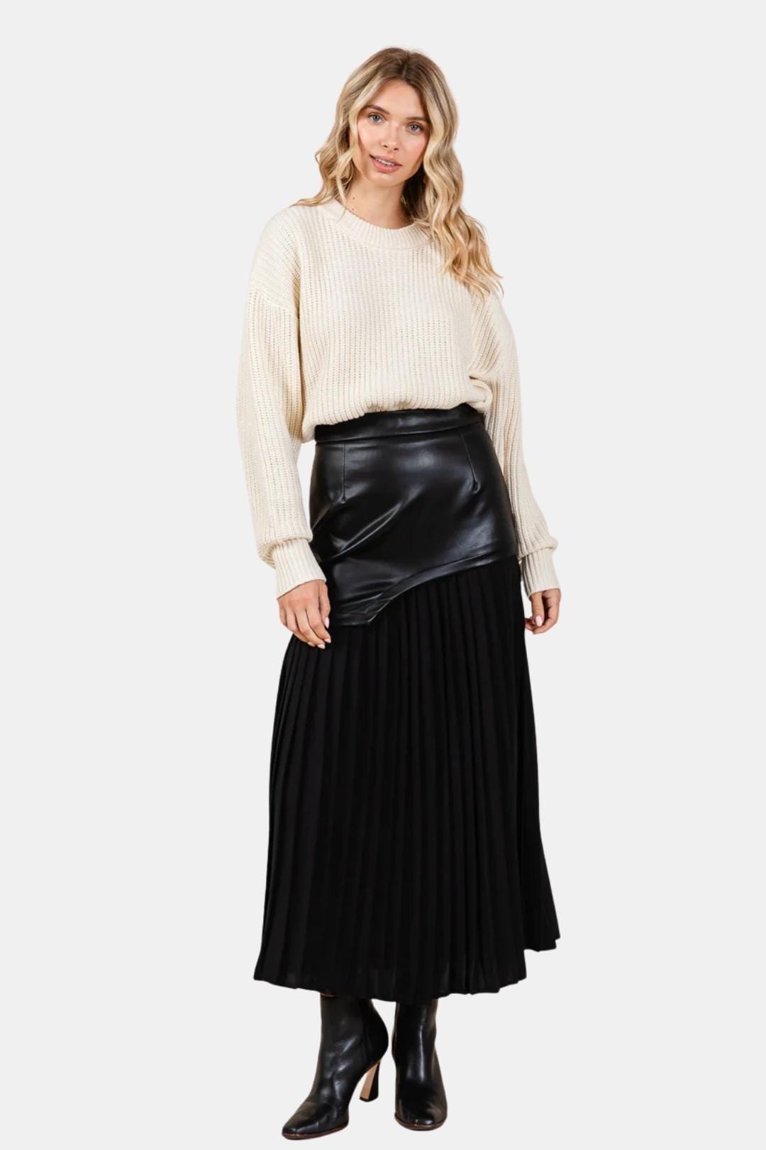 Maris – Asymmetric Faux Leather & Chiffon Pleated Maxi Skirt