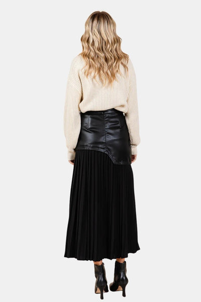 Maris – Asymmetric Faux Leather & Chiffon Pleated Maxi Skirt