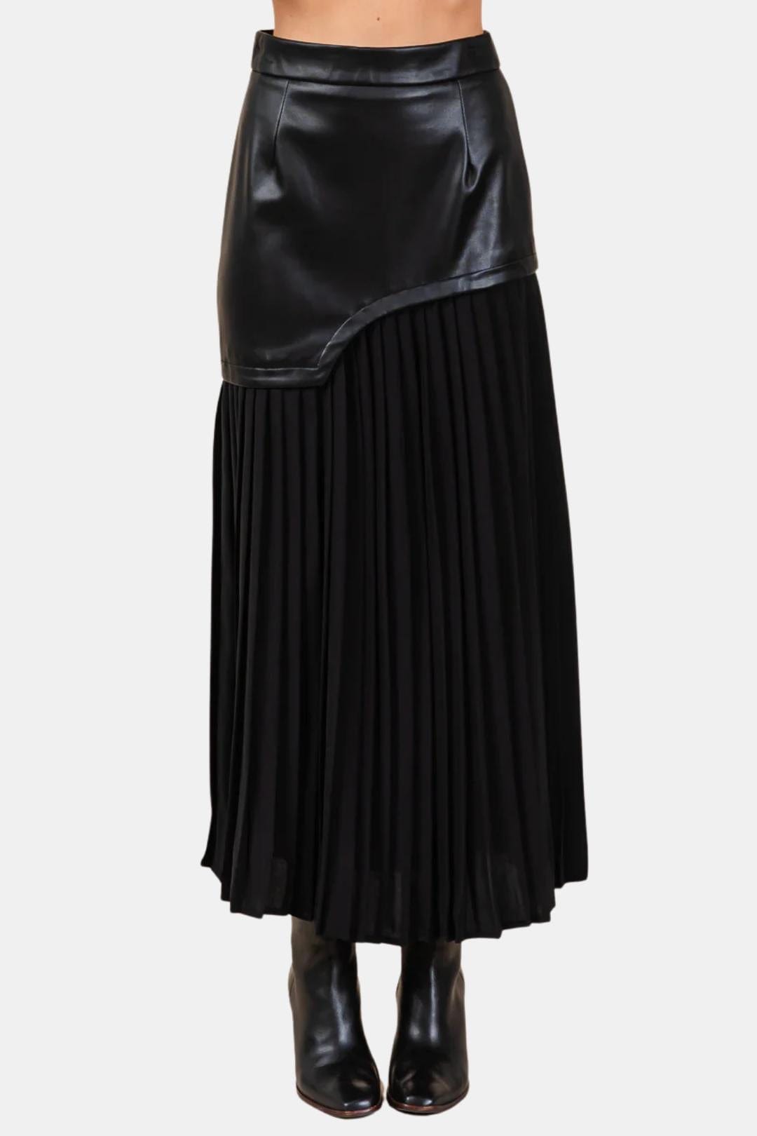 Maris – Asymmetric Faux Leather & Chiffon Pleated Maxi Skirt