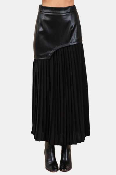 Maris – Asymmetric Faux Leather & Chiffon Pleated Maxi Skirt