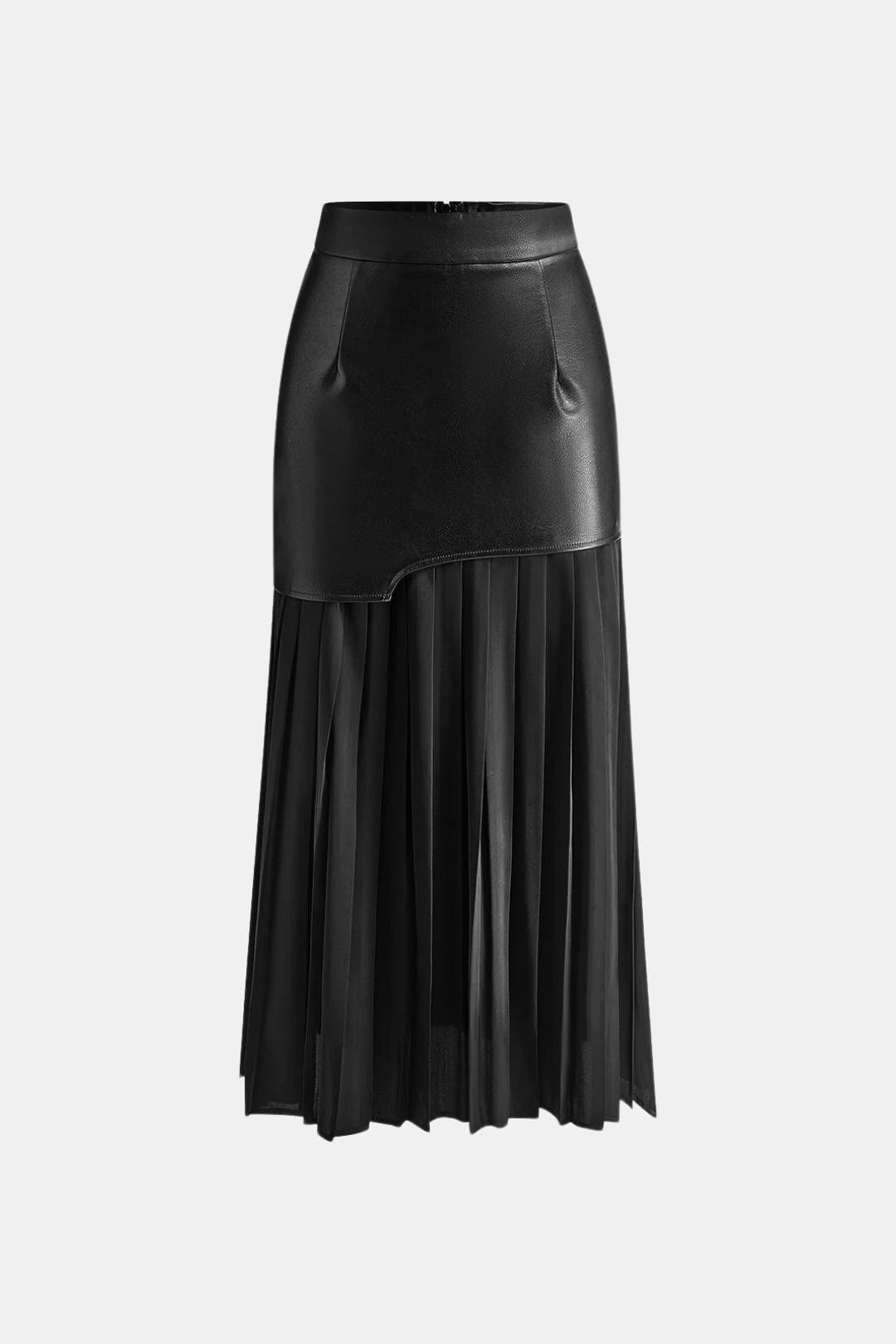 Maris – Asymmetric Faux Leather & Chiffon Pleated Maxi Skirt